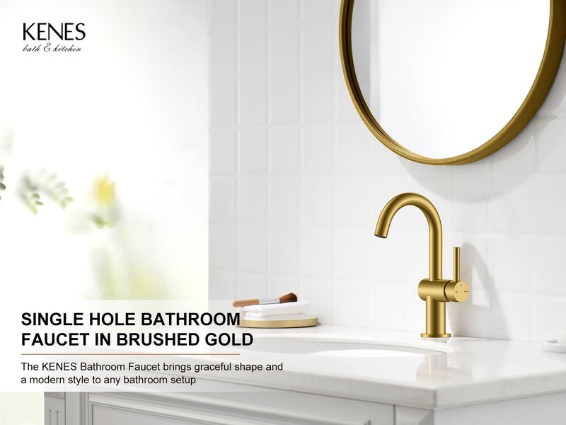 KENES Brushed Gold Single Handle Bathroom Faucets Modern Prep Wet Bar Sink Faucets Bathroom Sink Faucet with Drain Assembly & Deck Plate, Farmhouse RV Camper Outdoor Utility Faucet, KE-9005B-4 - Image 2
